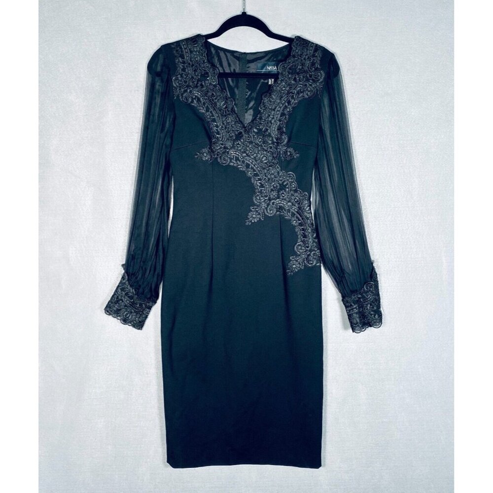 Nissa Dress Womens 8 Black Stretch Faux Wrap Midi Lace